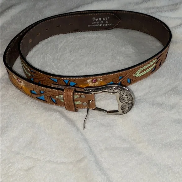 Ariat Brown Leather Belt with Floral Design - Picture 3 of 5